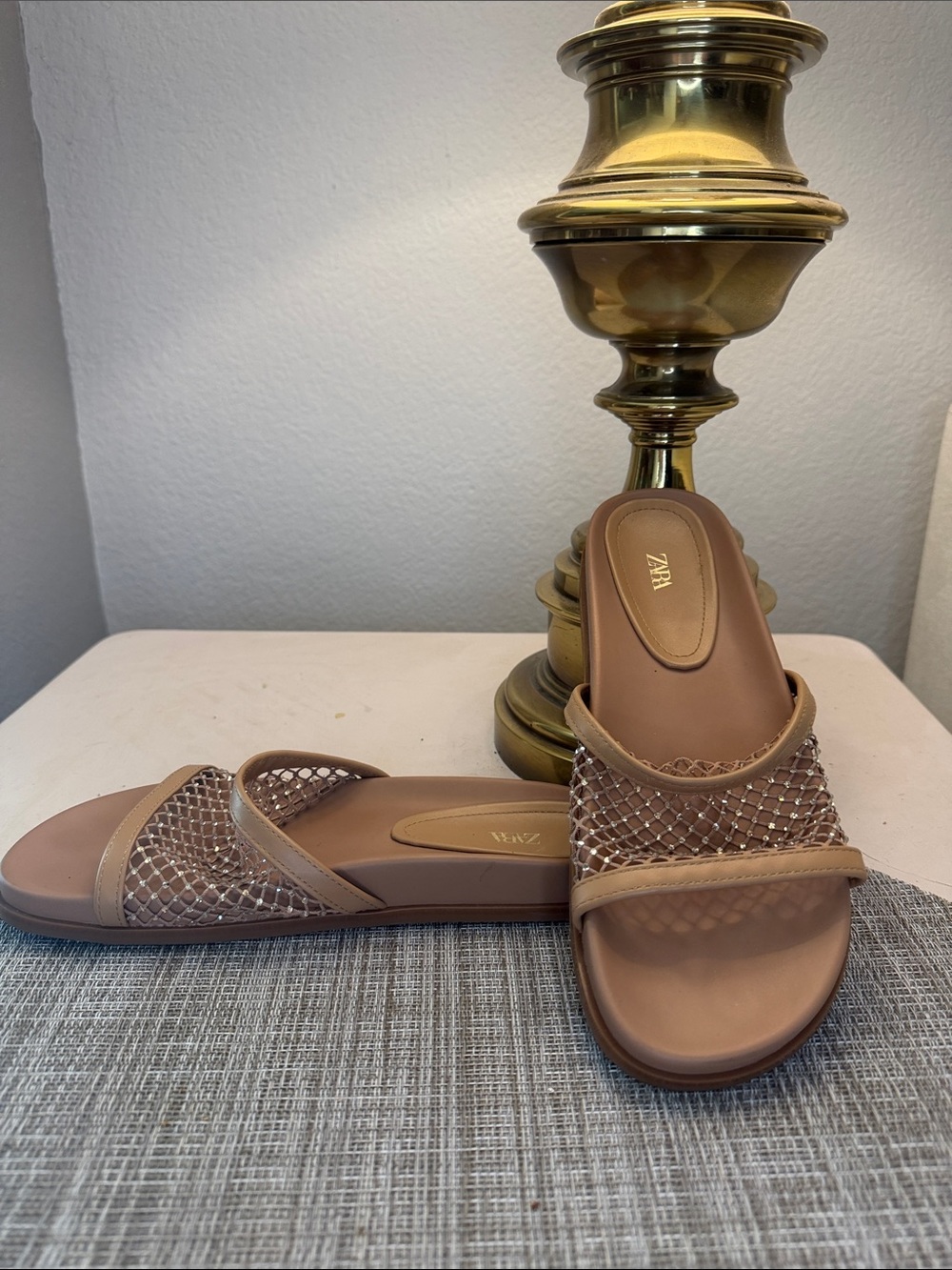 ZARA Tan Slide Sandals with Crystal Mesh Strap
